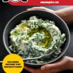 Two hands are holding a bowl filled with cauliflower colcannon. A yellow badge says "includes Instant Pot instructions." There's a red banner on the bottom that says paleo, keto, whole30, and vegan.