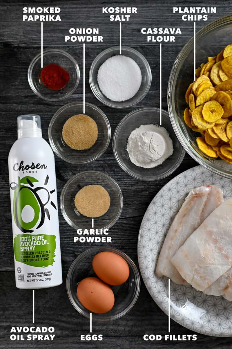 An overhead labelled shot of the raw ingredients for air fryer fish sticks.