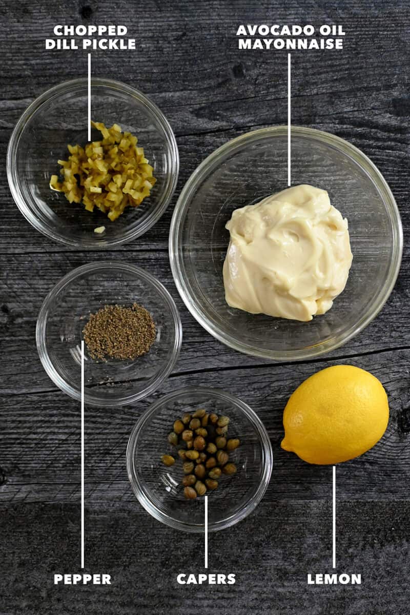 An overhead shot of the raw ingredients to make homemade tartar sauce