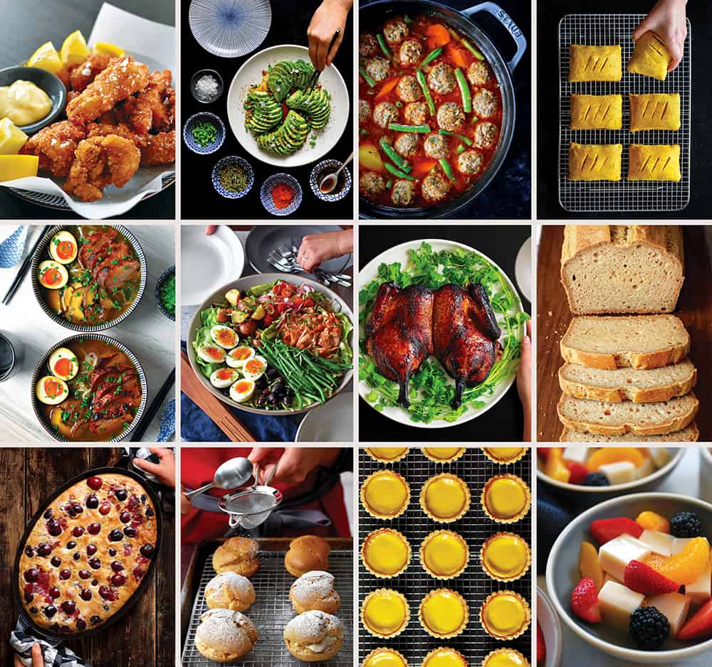 Collage of images from Nom Nom Paleo: Let's Go, including photos of Chicken Karaage, Avocado Sashimi, Albondigas Soup, Hand Pies, Shoyu Ramen, Salmon Nicoise Salad, Cantonese Pipa Duck, Paleo Sandwich B read, Cherry Clafoutis, Cream Puffs, Dan Tat, and Coconut Almond Jelly