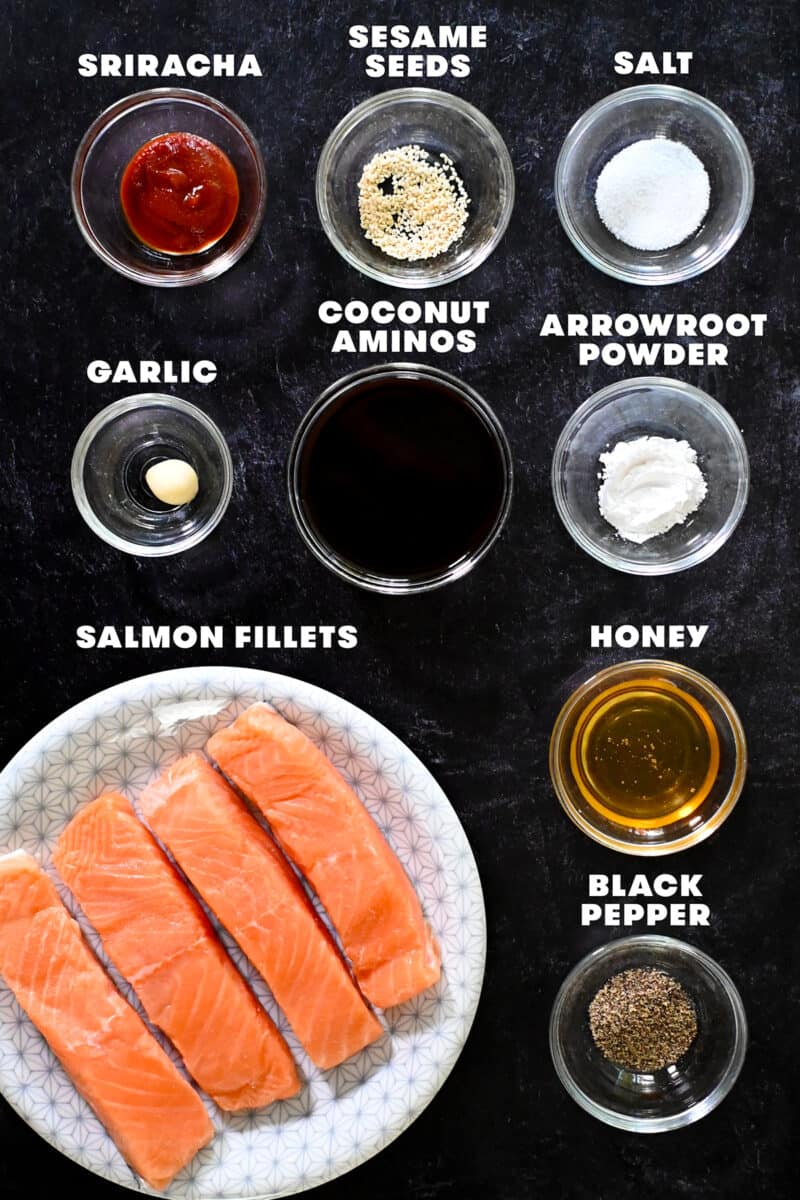 An overhead shot of the raw ingredients for air fryer salmon with honey sriracha glaze.