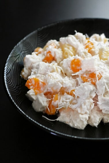 A closeup shot of a bowl of paleo ambrosia salad.