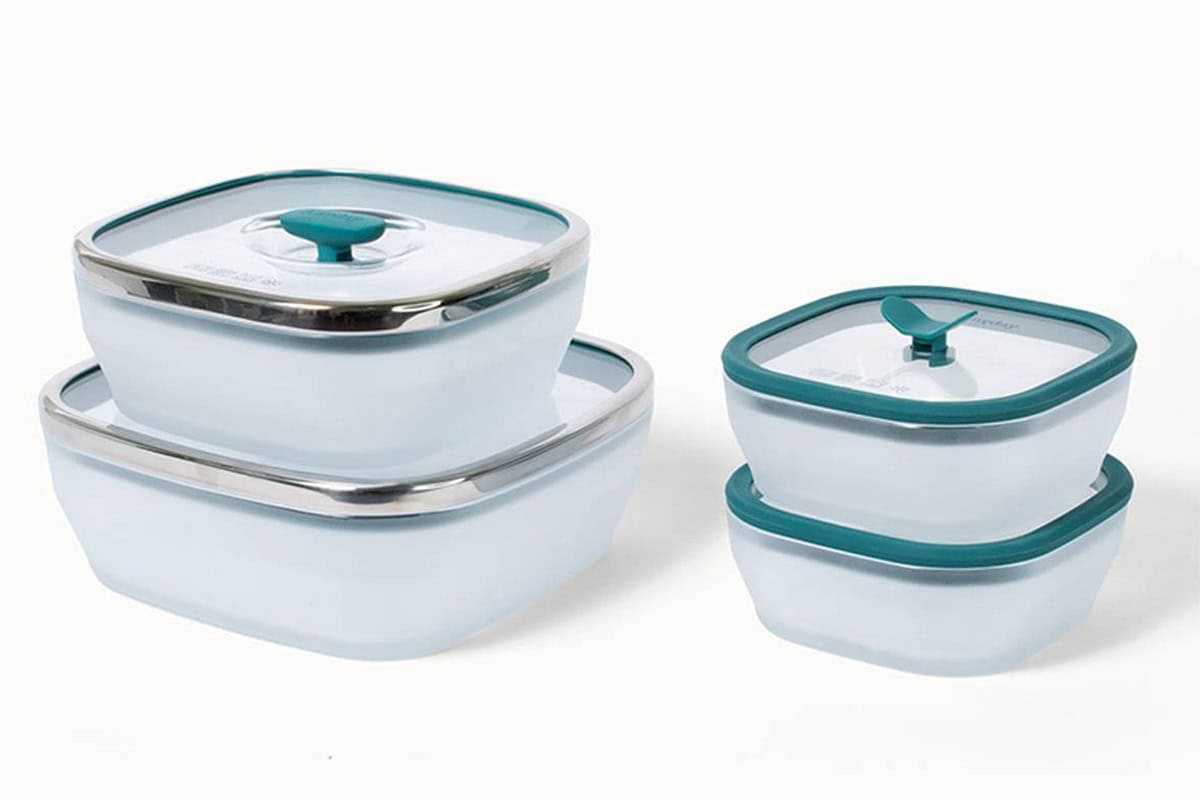 Four Anyday square microwave dishes with lids.