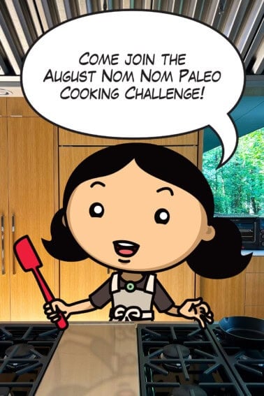 A cartoon Michelle Tam is announcing the August Nom Nom Paleo Cooking Challenge in a kitchen while holding a red spatula.