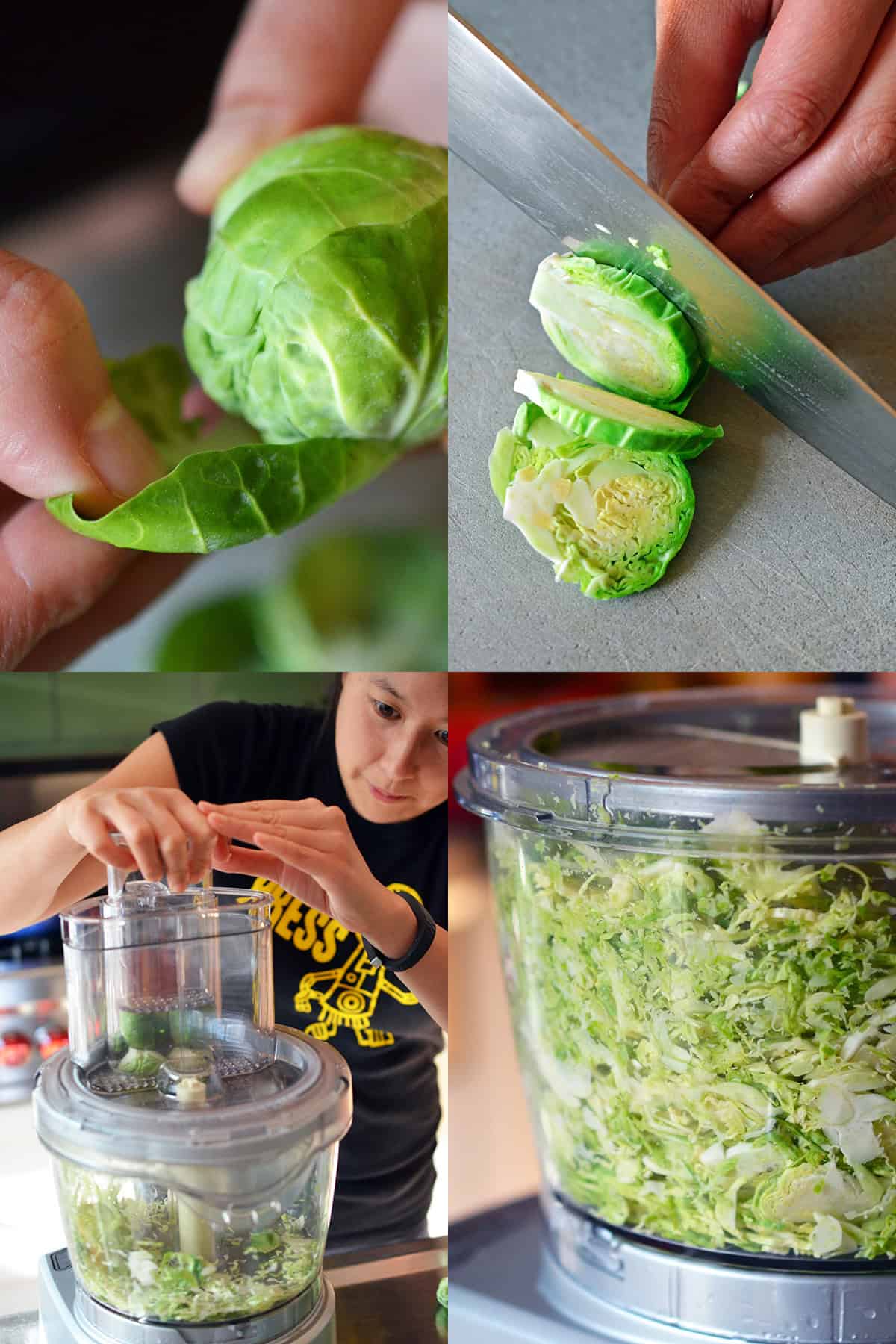Peeling off the damage outer leaves of a Brussels sprouts before thinly cutting them with a chef's knife or a food processor.