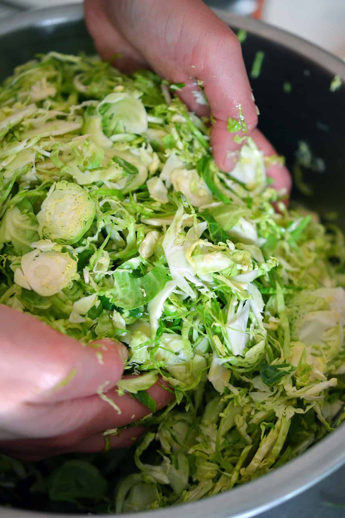 Using hands to toss shaved Brussels sprouts with melted ghee and seasonings in a large metal bowl.