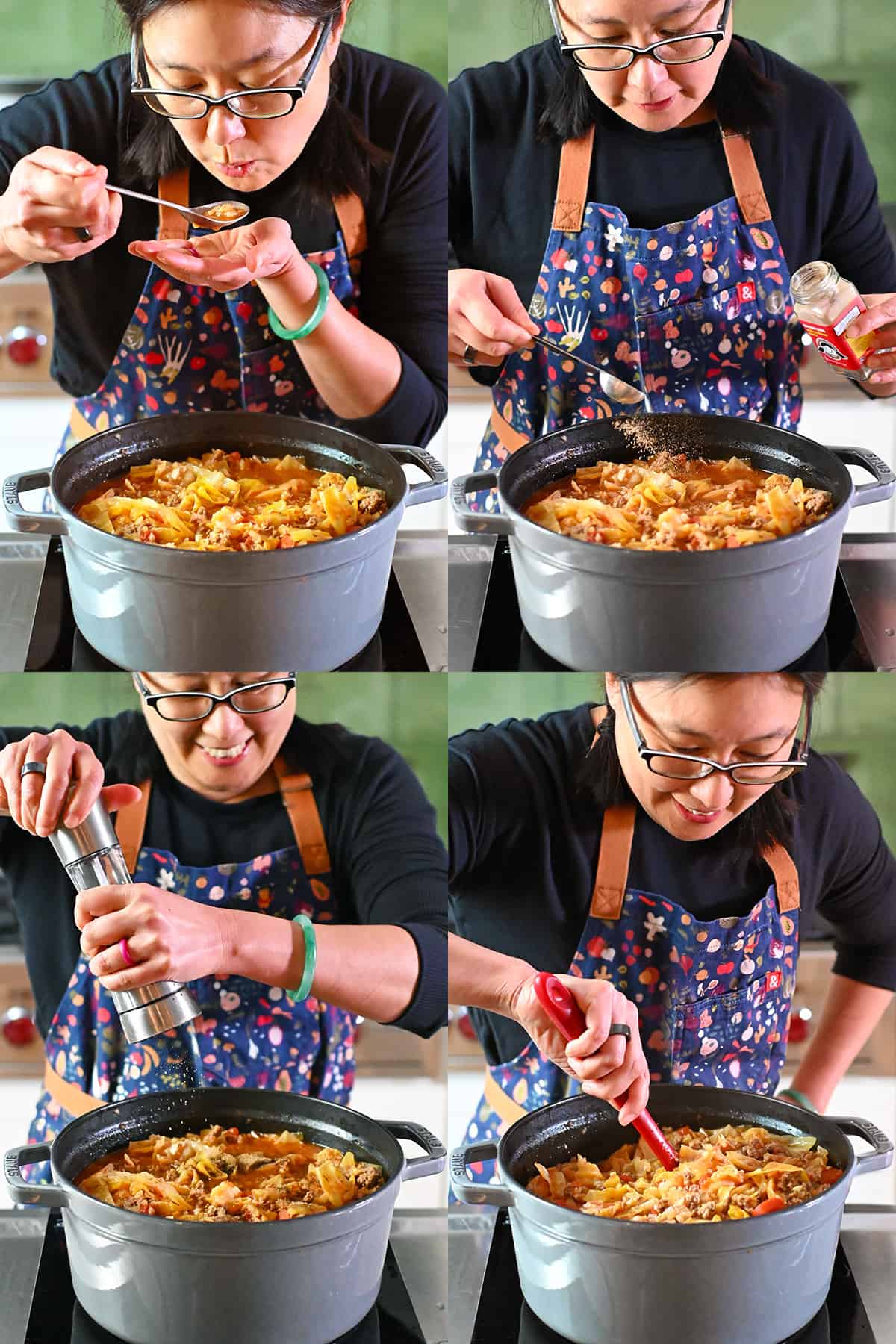 Four shots that show an Asian woman tasting and seasoning a pot of cabbage roll soup with more Magic Mushroom Powder and freshly ground black pepper.