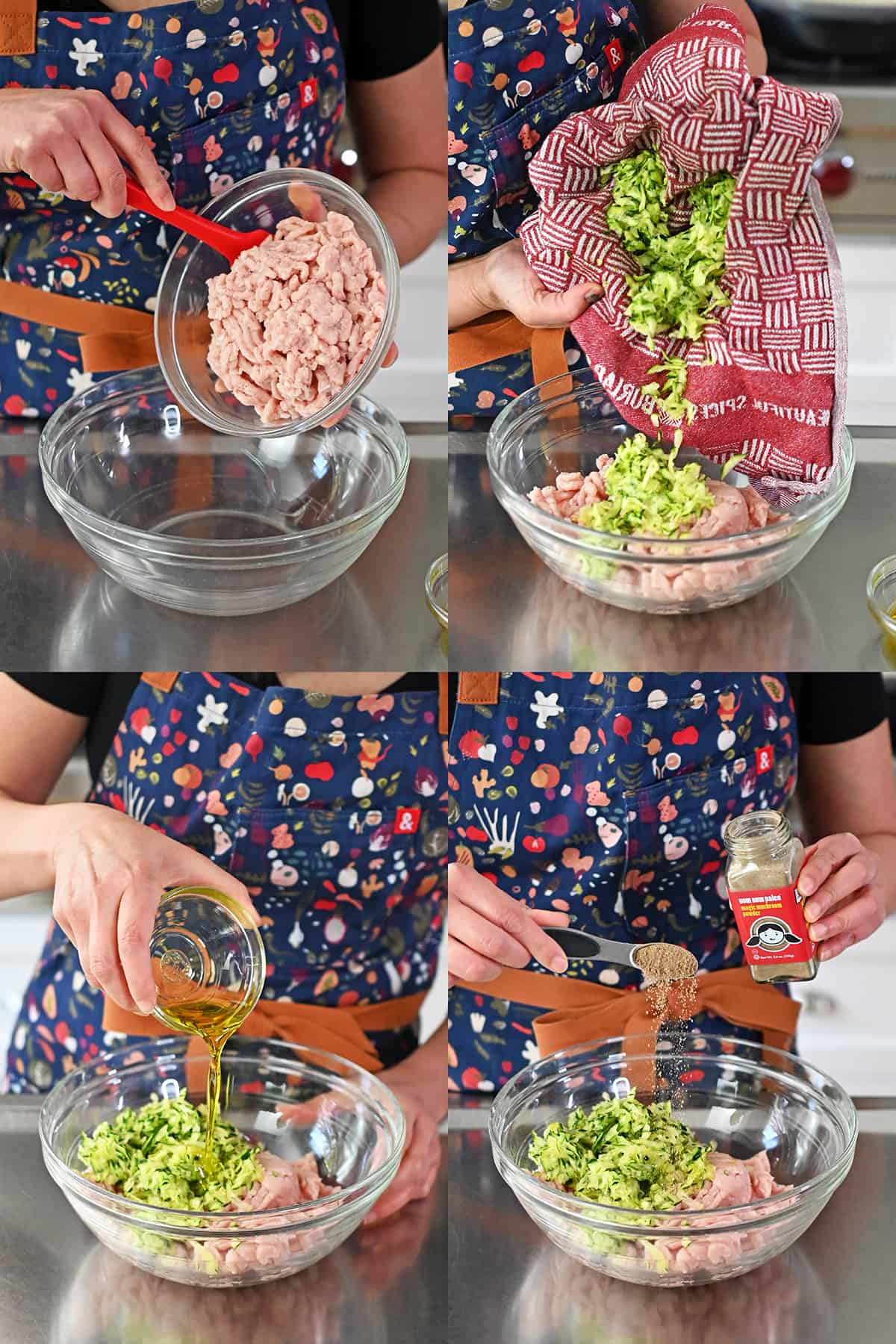 Adding ground chicken, shredded zucchini, olive oil, and Magic Mushrooms Powder to a glass bowl to make chicken meatballs.