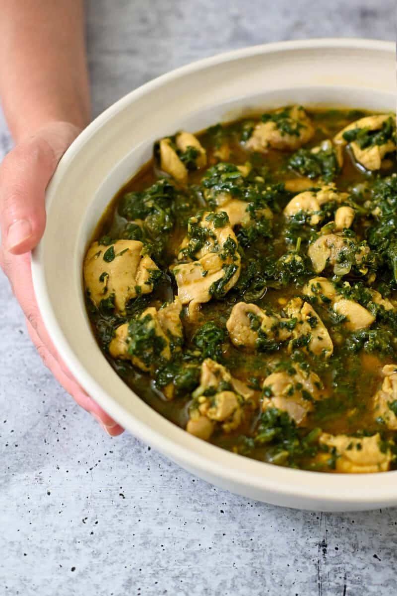 A hand is holding an off-white bowl filled with chicken and spinach Indian curry.