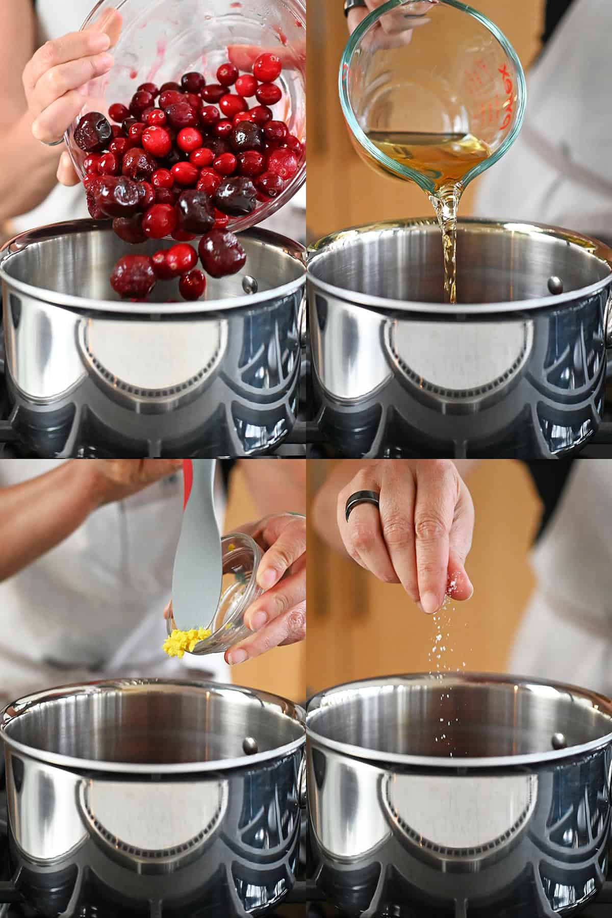 Four sequential shots that show someone adding frozen cherries and cranberries, apple juice, minced ginger, and salt to a sauce pan to make paleo cranberry sauce.