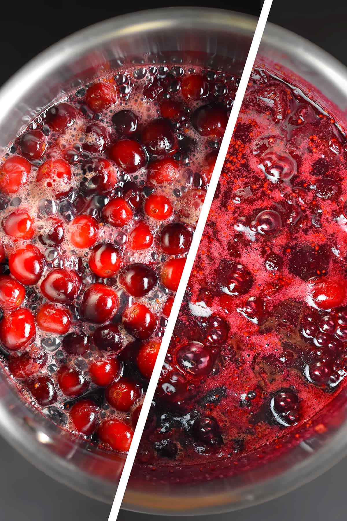 A split photograph that shows the before and after of how paleo cranberry sauce should look in a saucepan after it has simmered for the correct amount of time.