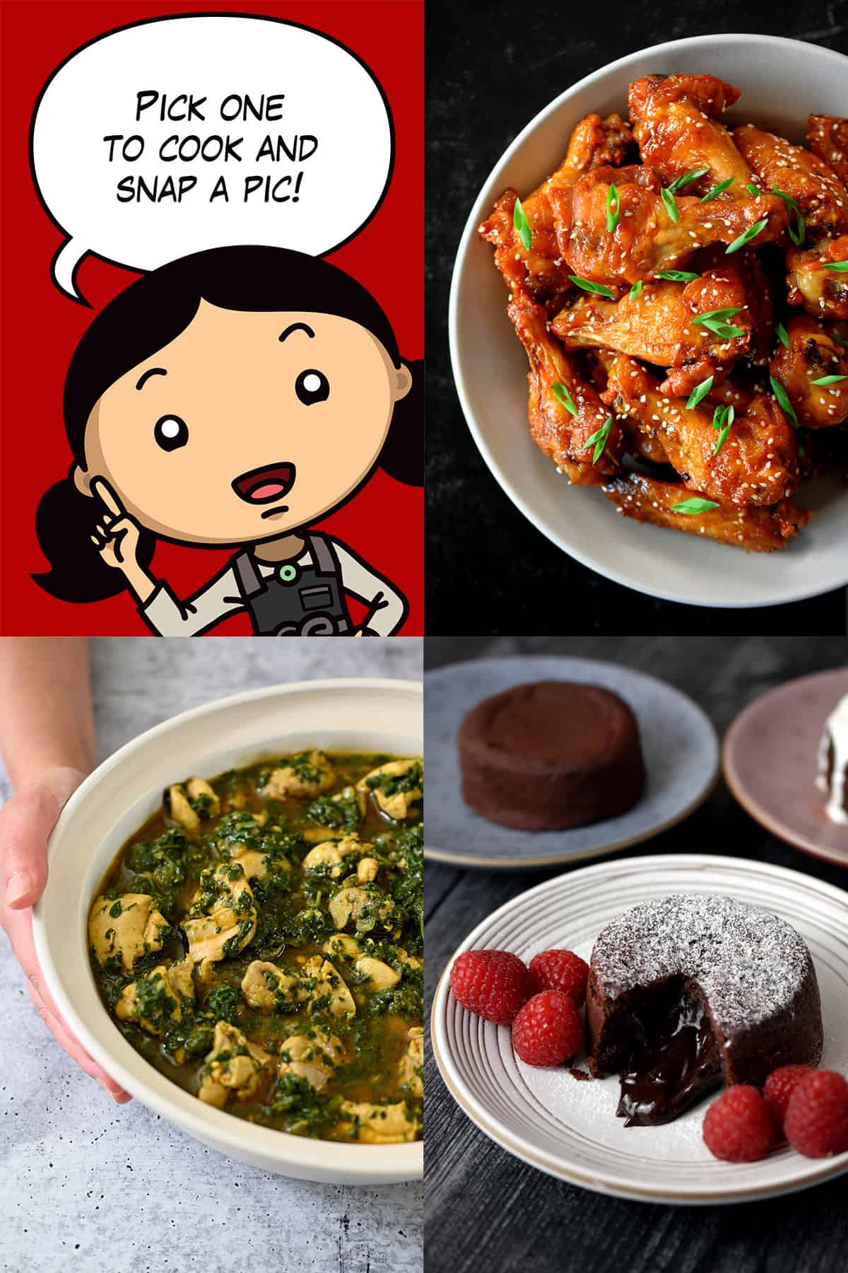 A cartoon Michelle Tam is in the left corner photo announcing the three dishes to cook for the February cooking challenge: Asian Sticky Wings, Lava Cake, and Saag Chicken.