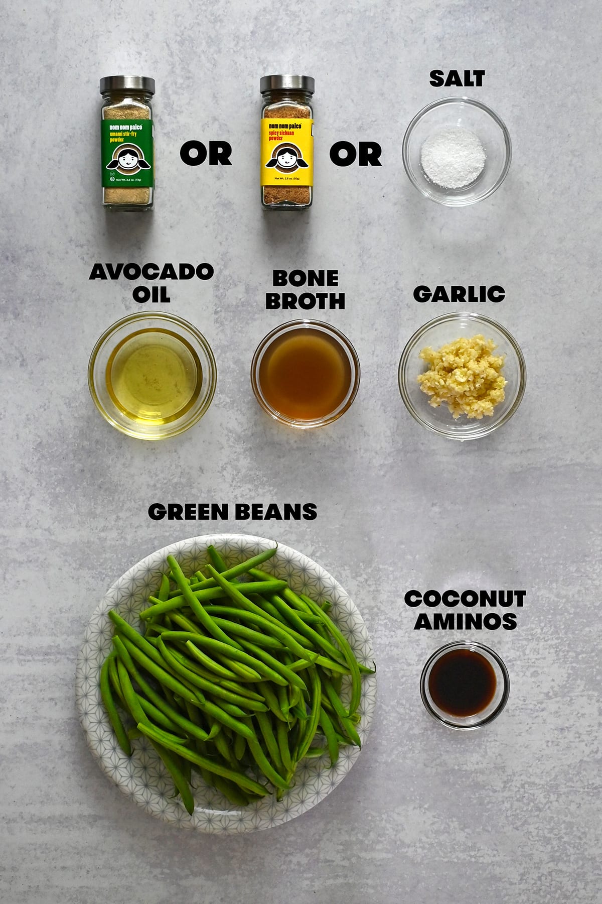 Raw ingredients to make Chinese garlic green beans including the green beans and seasoning.