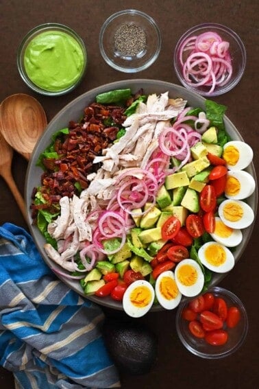 An overhead shot of a paleo and Whole30 Green Goddess Cobb Salad Panera copycat.