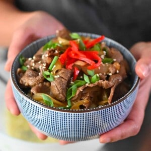 Someone holding a blue and white bowl filled with gyudon, a paleo and gluten free Japanese beef bowl.