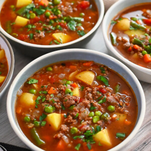An overhead shot of two bowls of paleo and Whole30 hamburger soup.