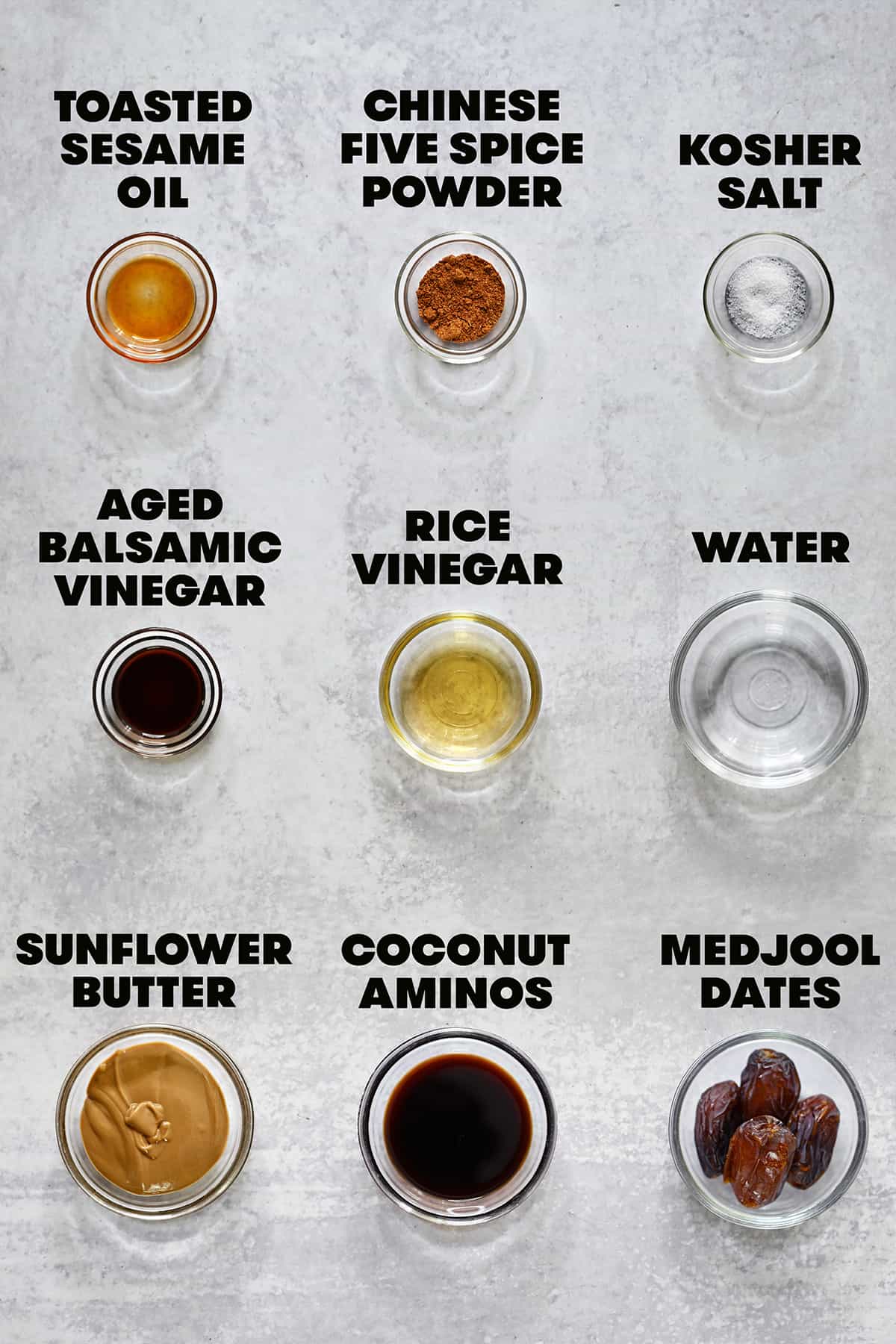An overhead shot of the raw ingredients to make a homemade gluten-free hoisin sauce substitute.