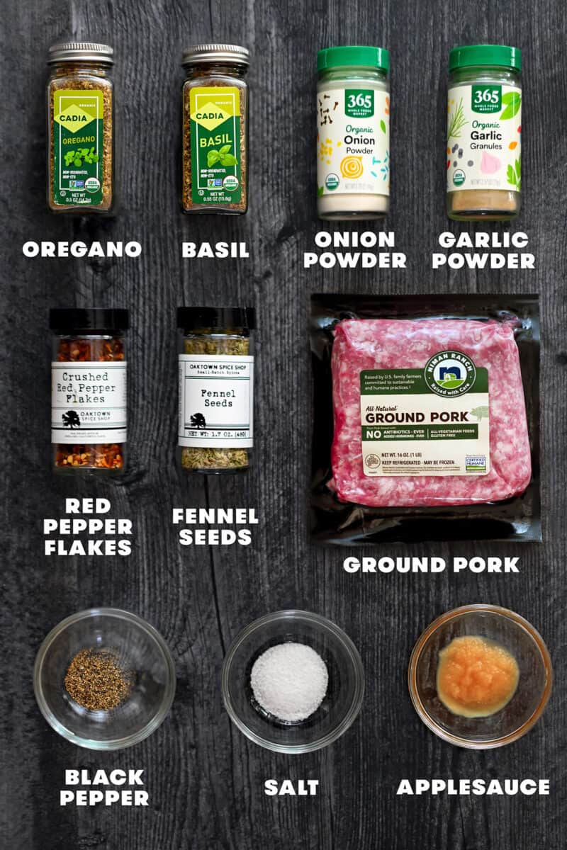 An overhead shot of the labelled raw ingredients to make Whole30 Italian sausage.