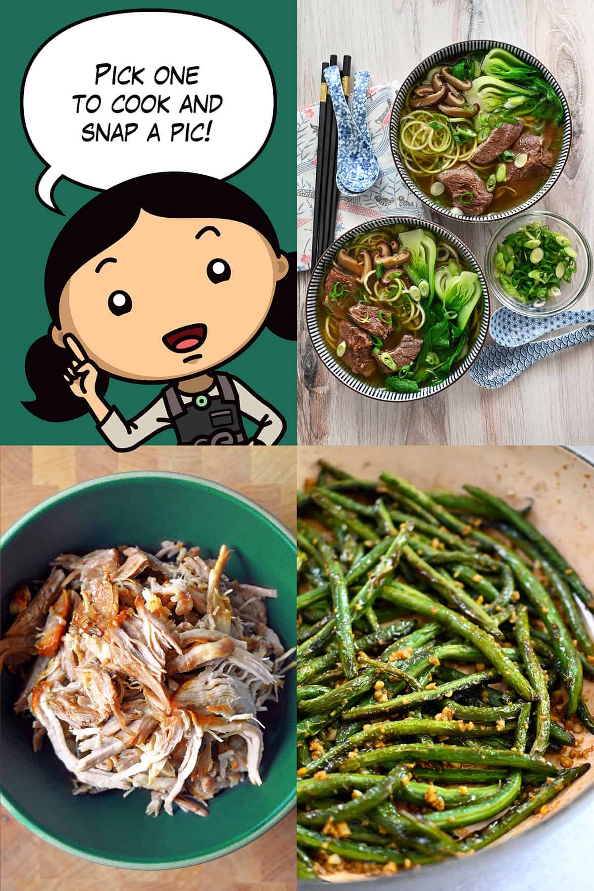 A cartoon Michelle Tam is surrounded by photos of Chinese Beef Noodle Soup, Instant Pot Kalua Pork, and Chinese Garlic Green Beans, the recipes that are part of the January 2025 Nom Nom Paleo Cooking Challenge.