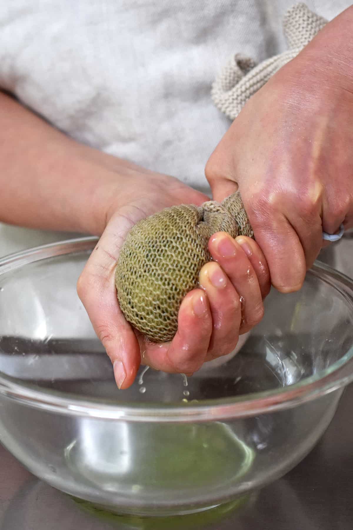 Squeezing the excess liquid out of salted cucumbers wrapped in a kitchen towel.