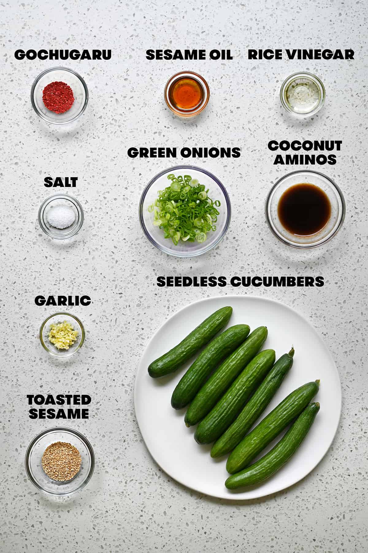 The raw ingredients to make paleo and gluten free Korean cucumber salad.