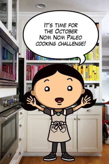 A cartoon Michelle Tam is announcing the October Nom Nom Paleo cooking challenge in front of a book shelf filled with cookbooks.