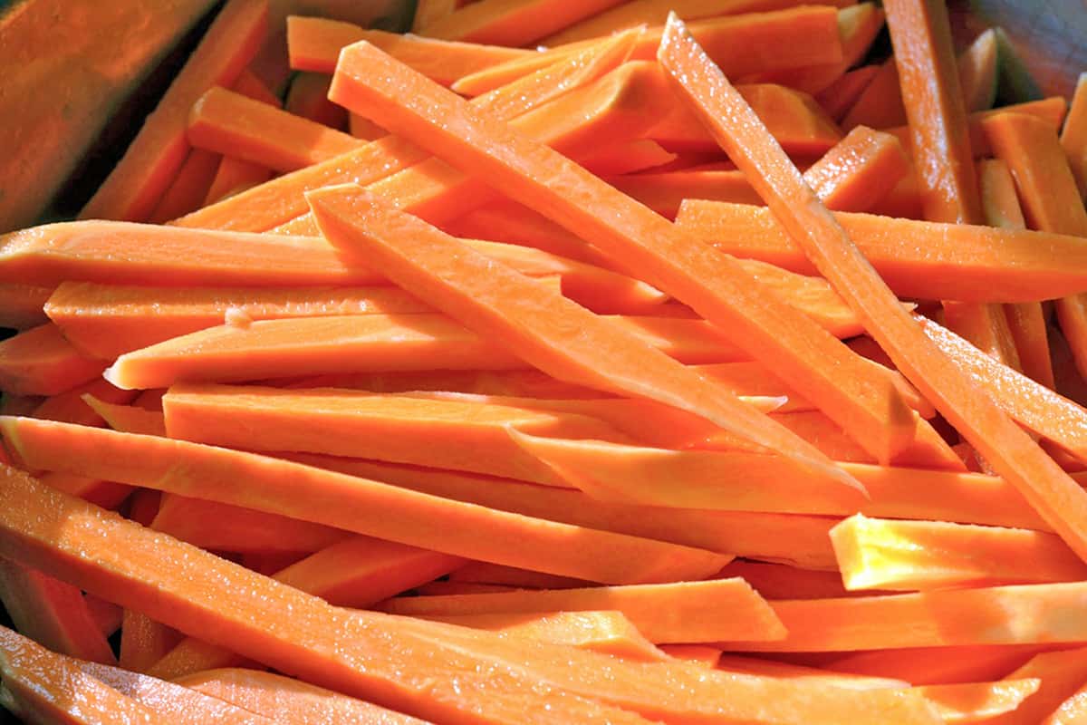 Sweet potatoes cut unto matchsticks.