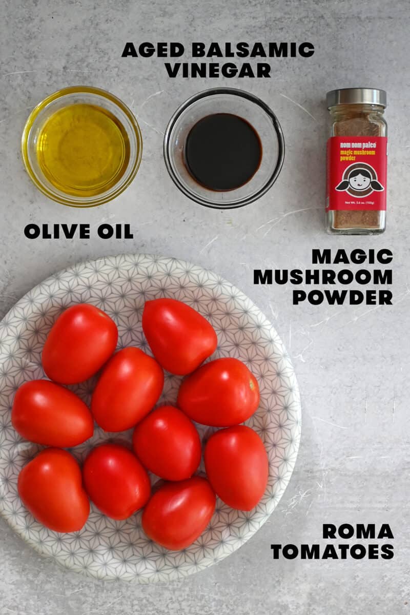 An overhead shot of the raw ingredients for oven roasted tomatoes