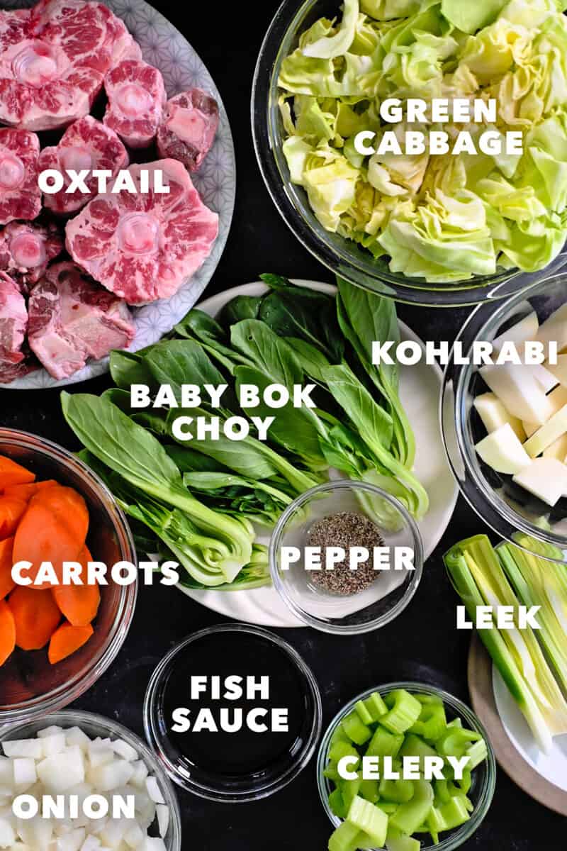 An overhead shot of the raw ingredients to make oxtail soup