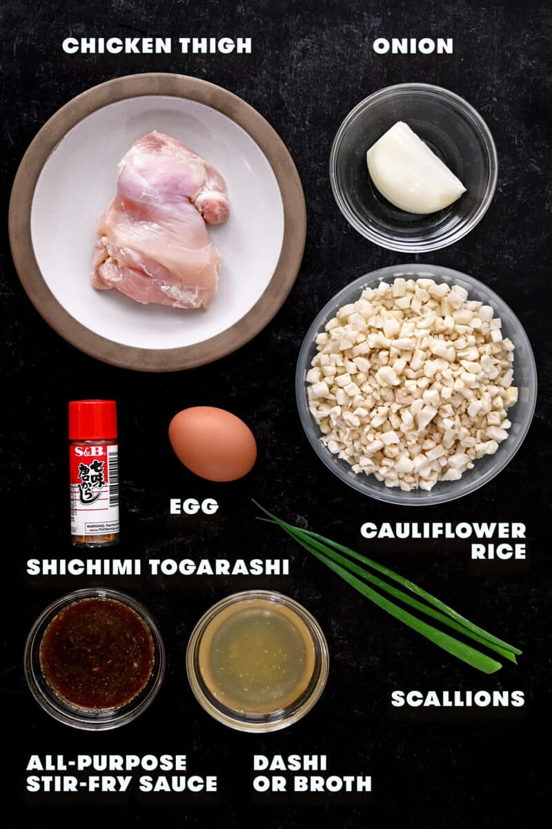 An overhead shot of the raw ingredients to make paleo and low carb oyakodon.