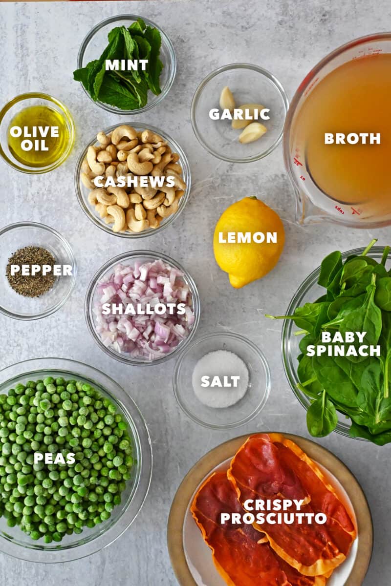 An overhead shot of the raw ingredients for green pea soup with crispy prosciutto 