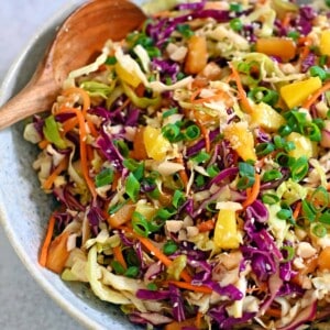 An overhead shot of a large bowl filled with pineapple coleslaw.