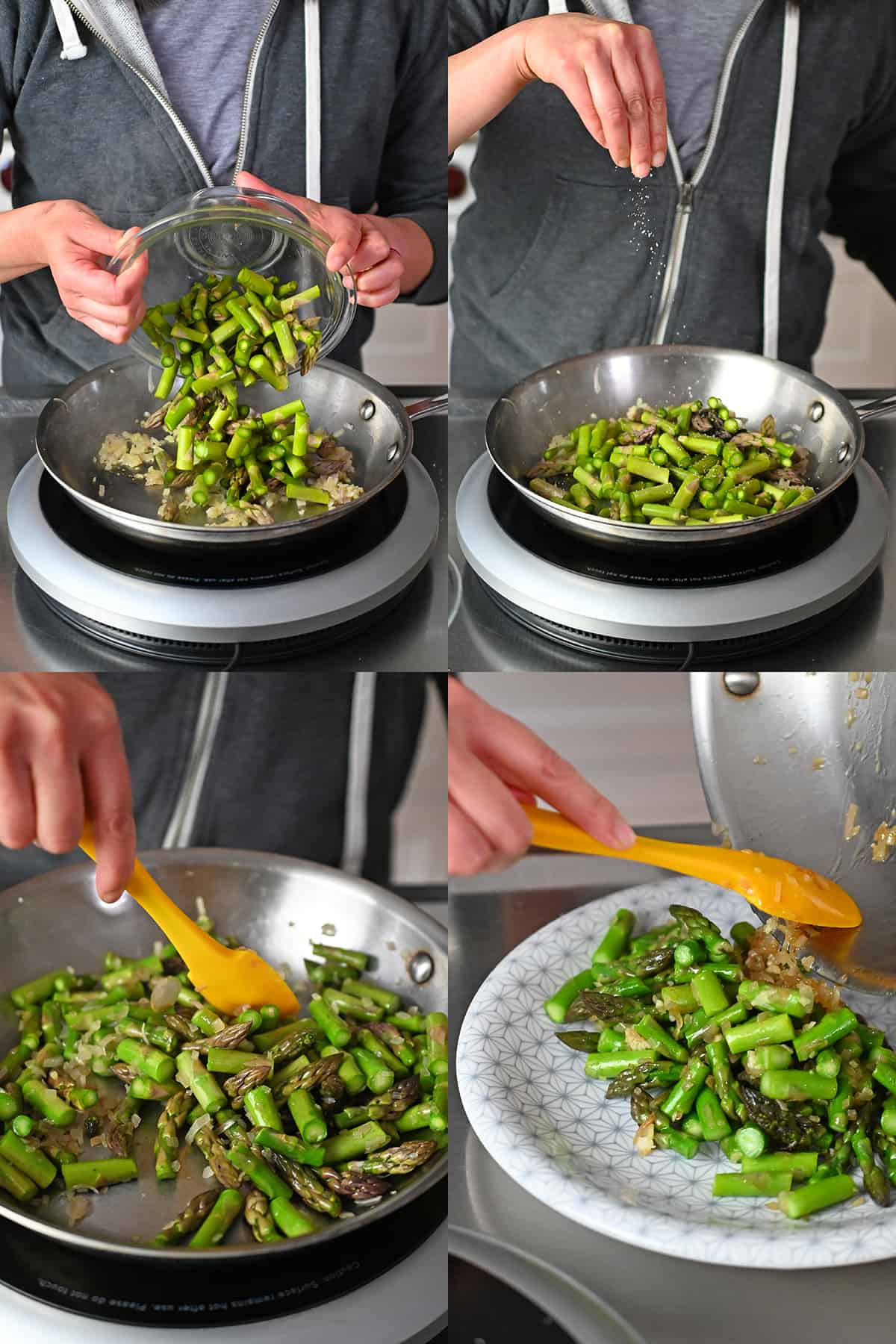 Four step by step shots that show someone sautéing fresh asparagus for a quiche.