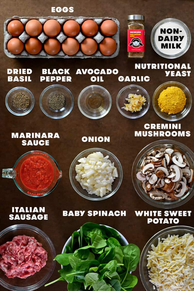The raw ingredients measured out to make a paleo and whole30 sausage breakfast casserole