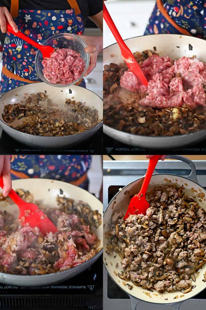 Four sequential shots of adding bulk Italian sausage to a pan of sautéed mushrooms and onions and cooking until the sausage is no longer pink.