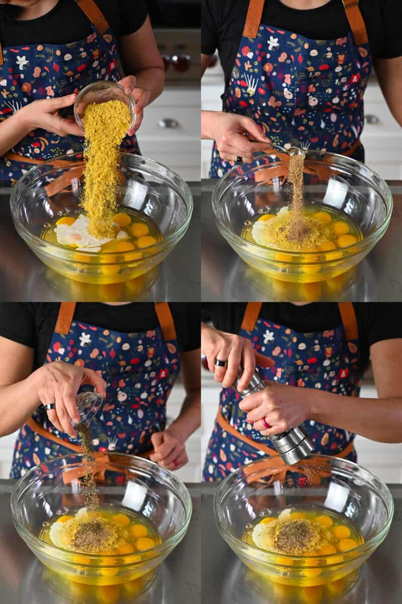 Four sequential shots that show someone adding nutritional yeast, Magic Mushroom Powder, dried basil, and freshly cracked pepper to a bowl of raw eggs.