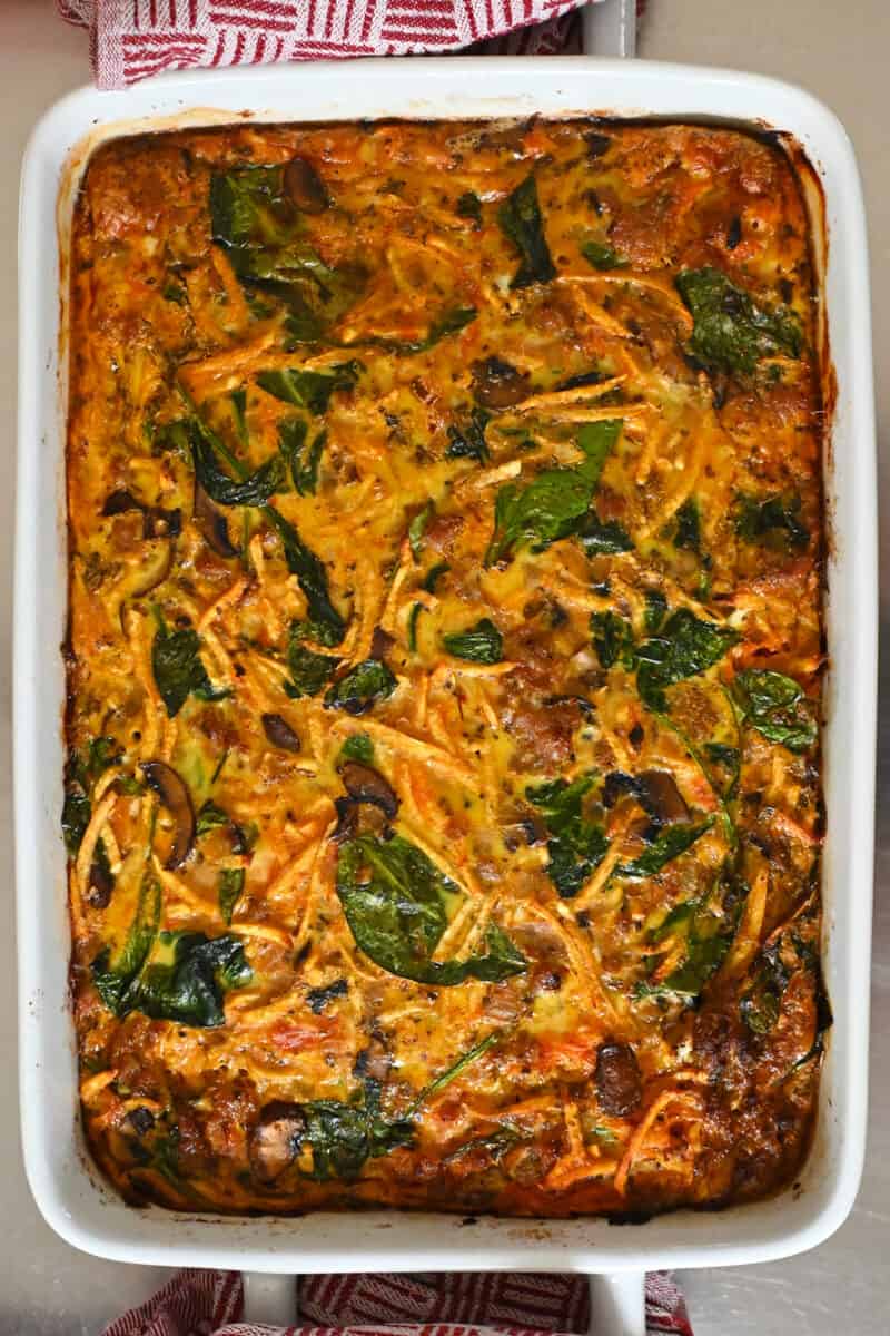 An overhead shot of Italian sausage breakfast casserole right out of the oven.