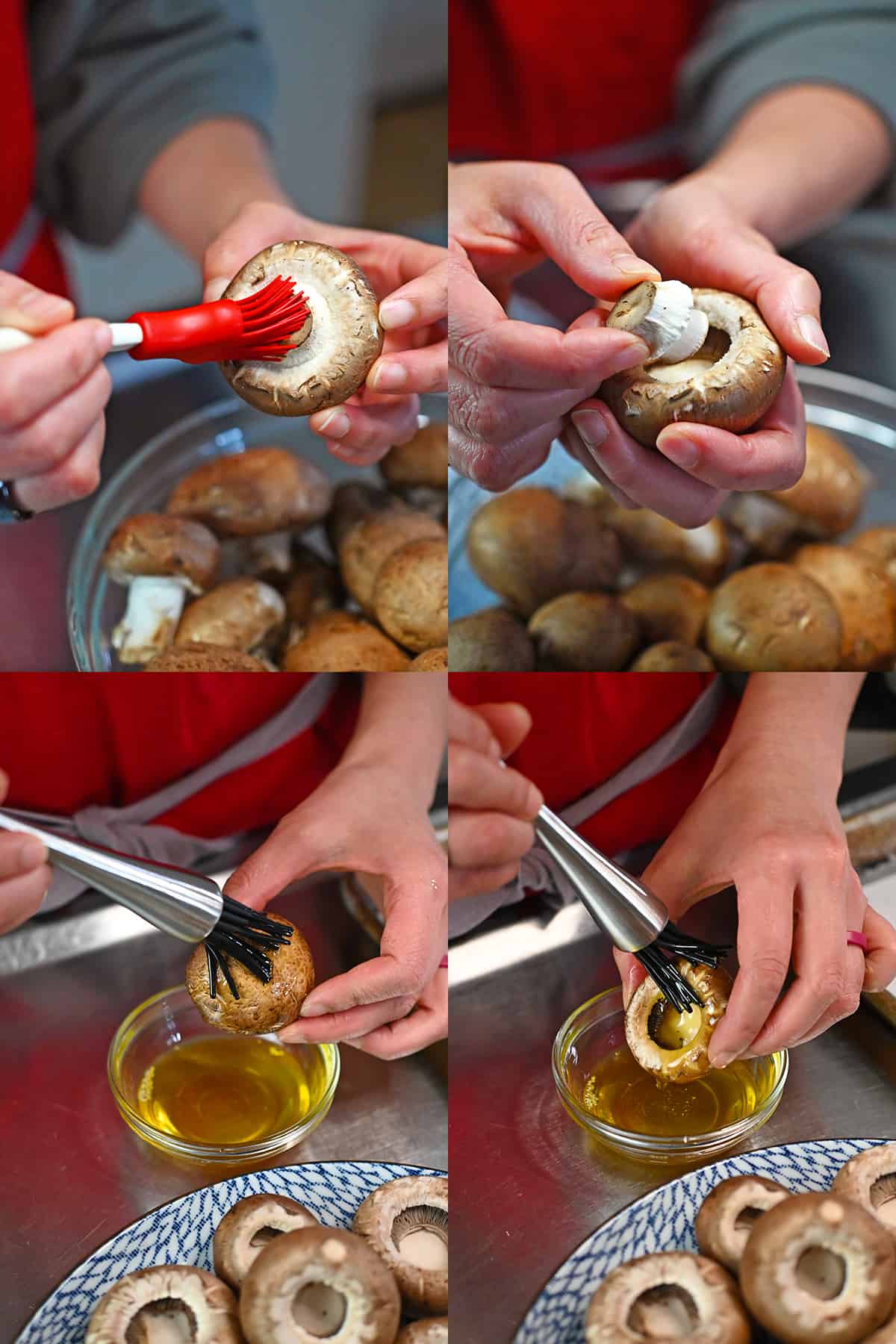 Close-up of someone removing the stem from a cremini mushroom.