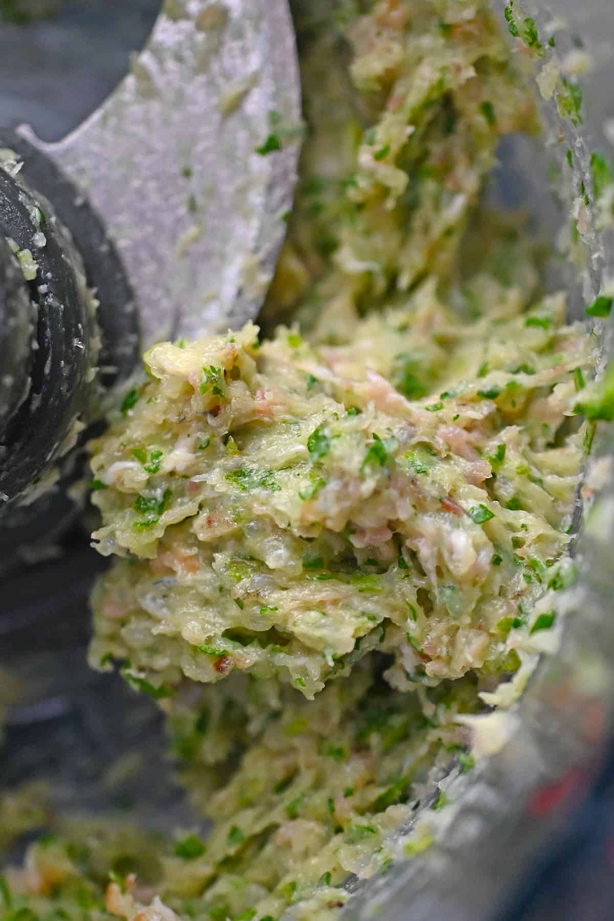 The filling after it has been pulsed in a food processor. 