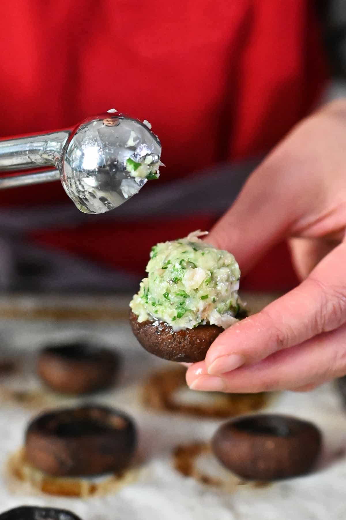 Close-up of shrimp-stuffed mushrooms ready to go in the oven.