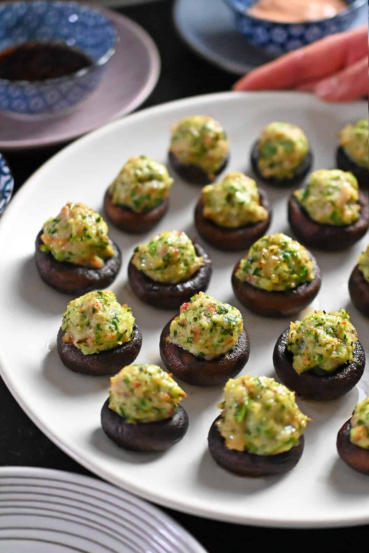 Close up of a finished shrimp stuffed mushroom.