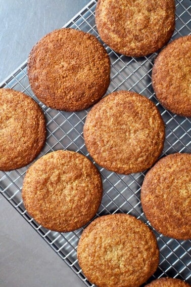 An overhead shot of paleo and gluten free snickerdoodles on a wire cooling rack.