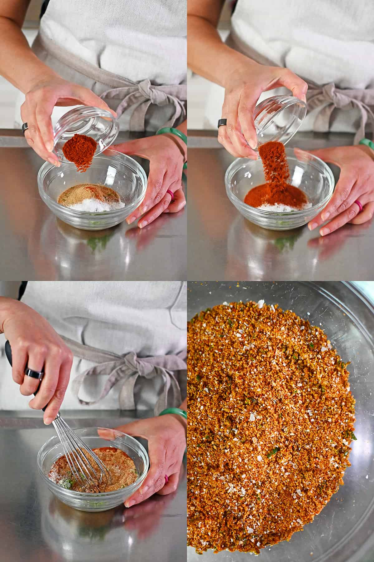 Making the spice blend for the paleo spiced nuts by adding smoked paprika and cayenne pepper to a small bowl with the other ingredients and whisking it together.