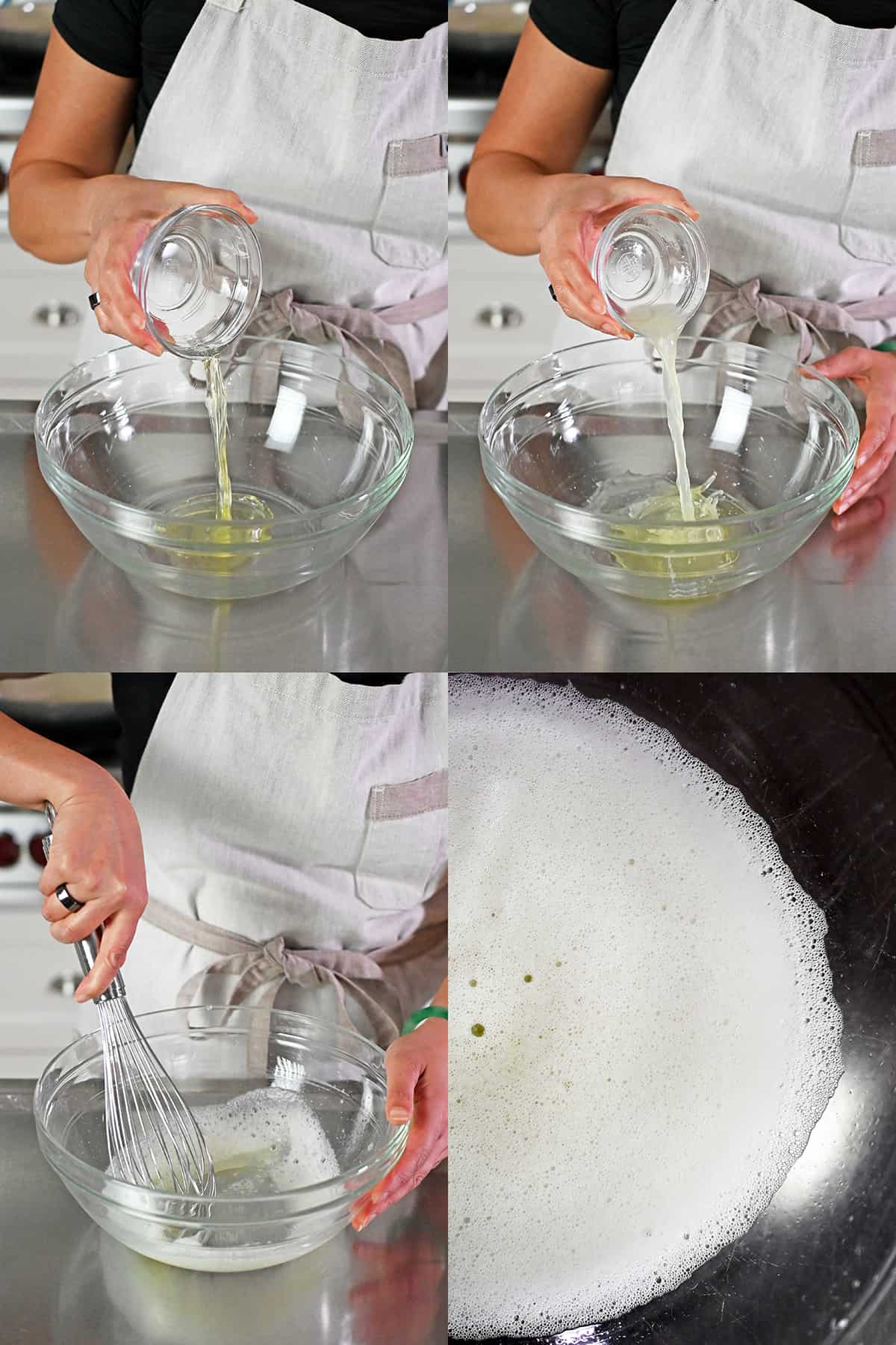 Adding raw egg whites and lime juice to a bowl and whisking it until frothy.