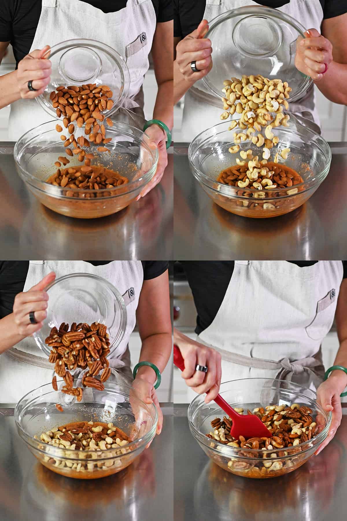 Adding raw whole almonds, cashews, and pecans into a bowl of whipped egg whites and a spice blend and tossing everything together.
