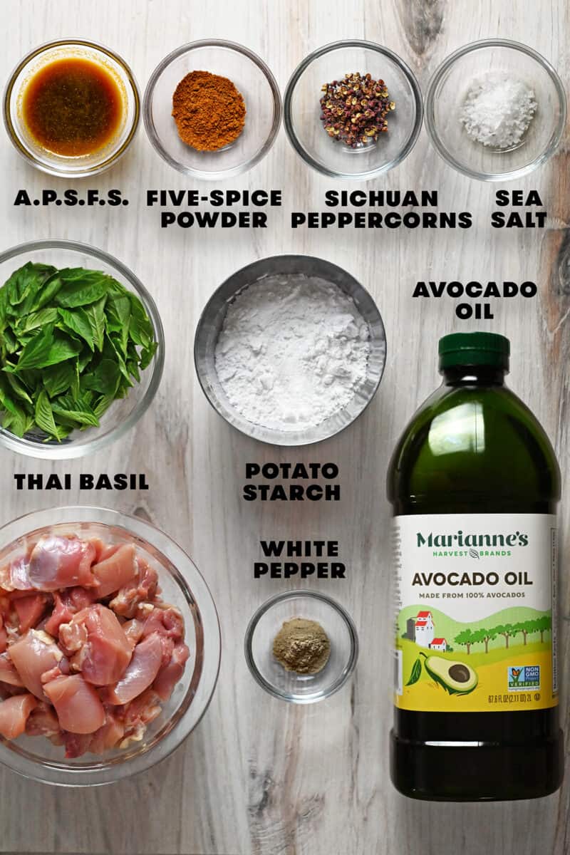 An overhead shot of the raw ingredients to make gluten free and paleo Taiwanese Popcorn Chicken.