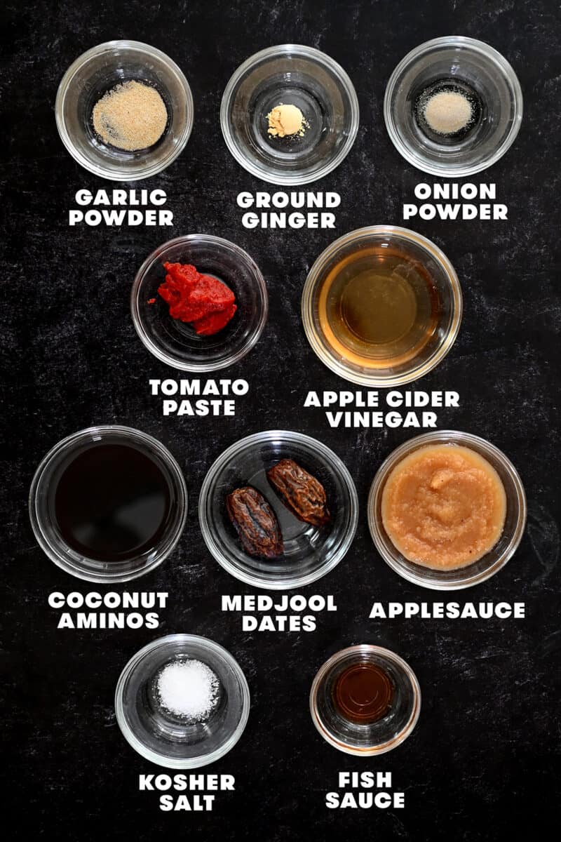 An overhead shot of the raw ingredients to make healthy homemade Tonkatsu Sauce.