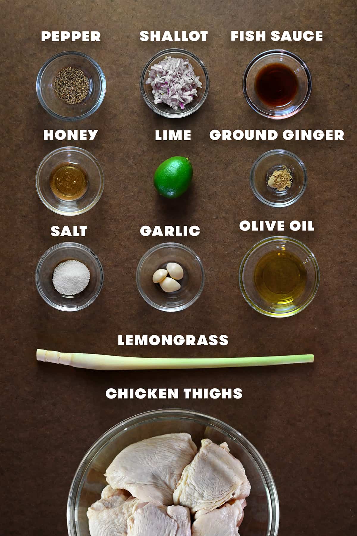 An overhead shot of the raw ingredients to make lemongrass chicken.