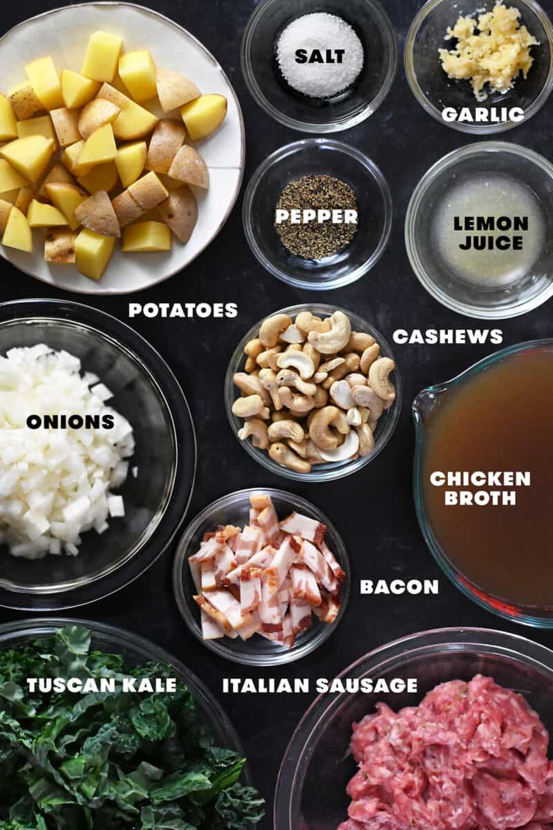 An overhead shot of the raw ingredients to make Whole30 Zuppa Toscana.