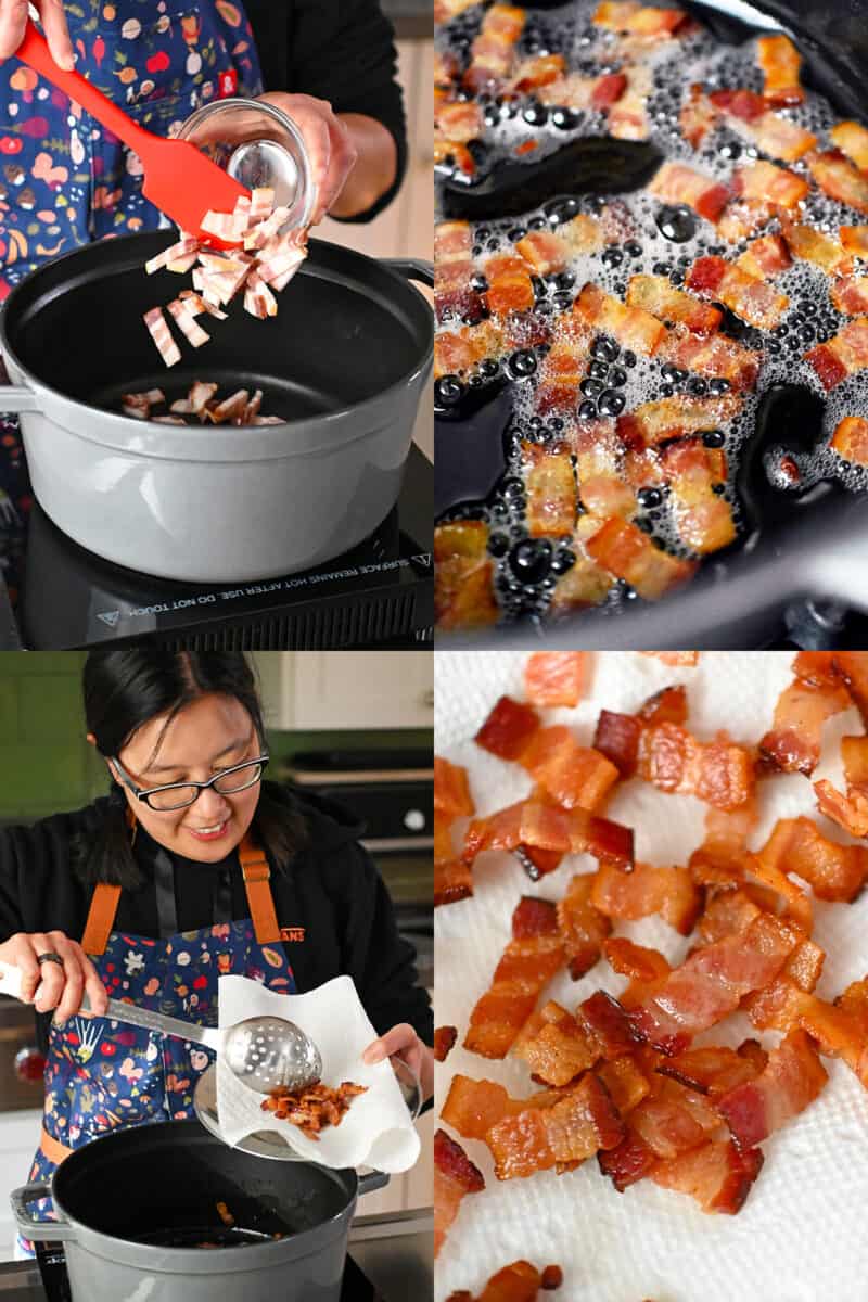 Four process shots that show bacon bits being fried until crispy in a dutch oven and being drained on a paper towel lined plate.